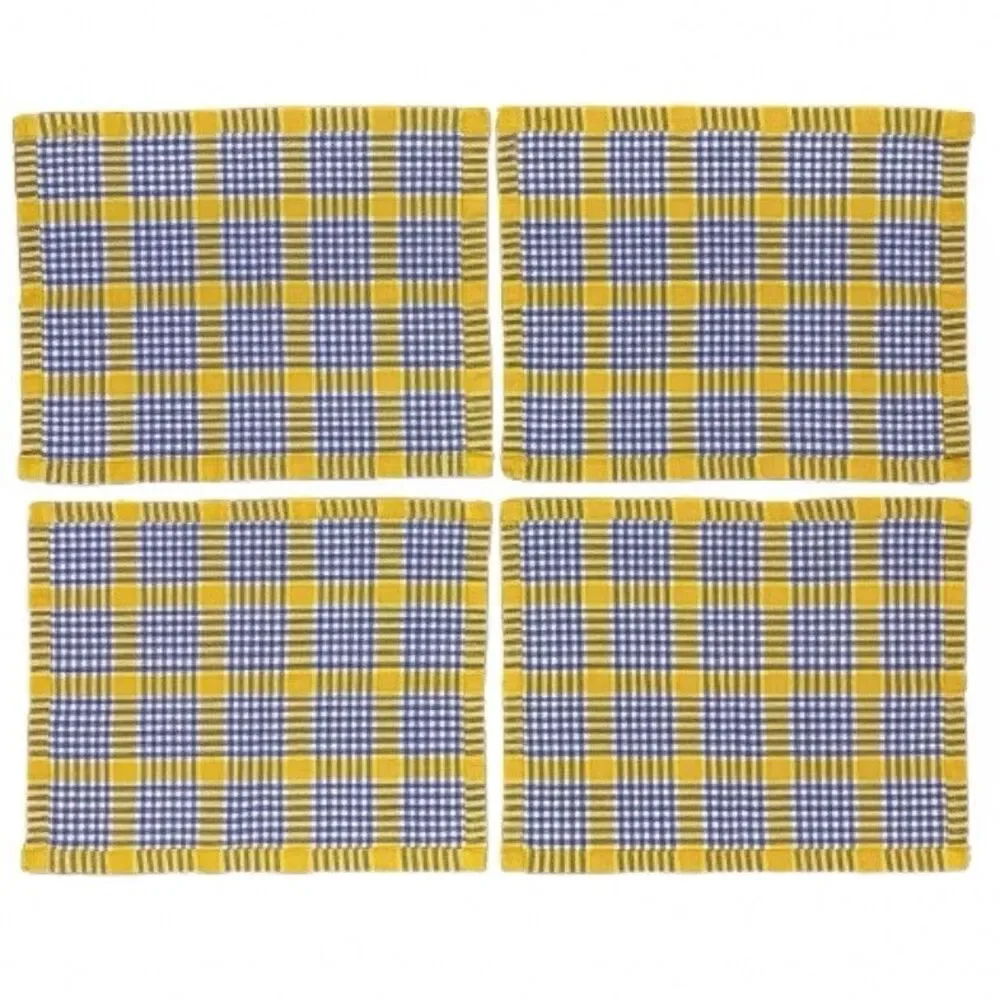 Set of 4 Vintage Woven Cotton Placemats Yellow Blue White Plaid Cottagecore MCM